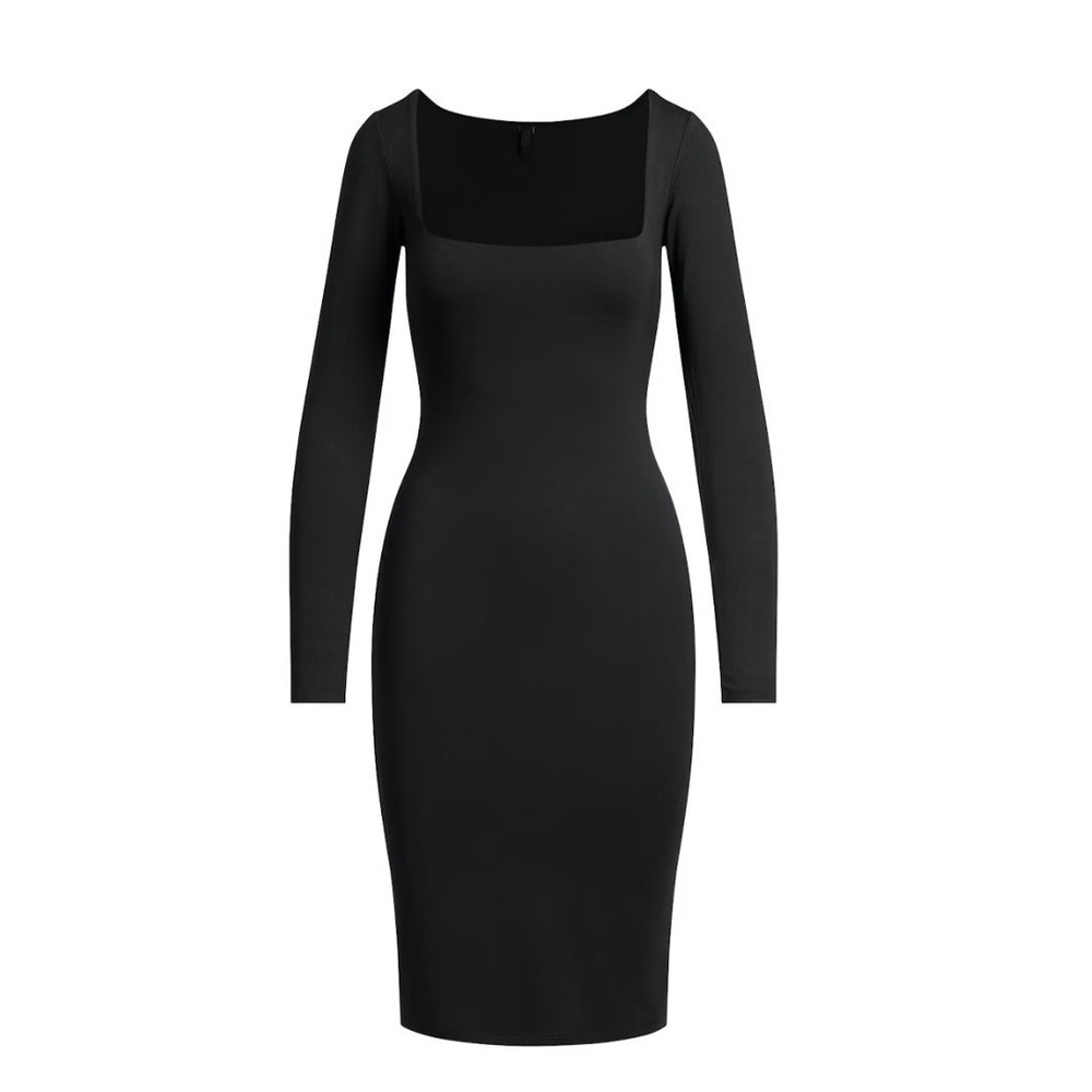 Skims Smooth Layers Square Neck Long Sleeve Midi Dress DS-DRS-10357W Obsidian XS